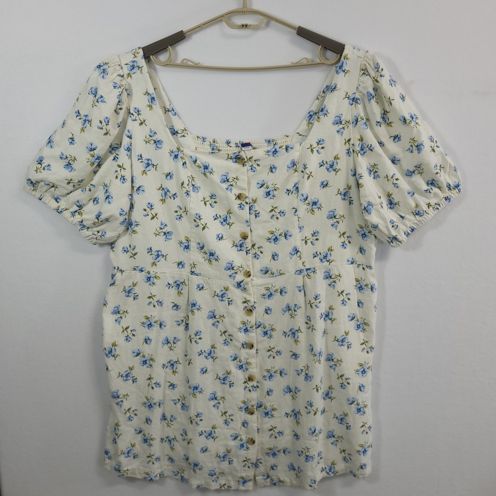 Old Navy Blouse Womens 3X White Blue Floral Linen Blend Puff Sleeve Button Front